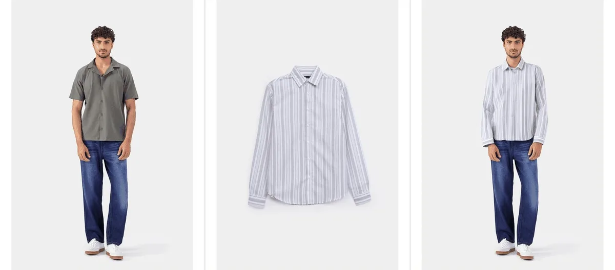 Virtual try-on result: the person on the left, the target striped shirt in the middle, and the rendered result on the right wearing it