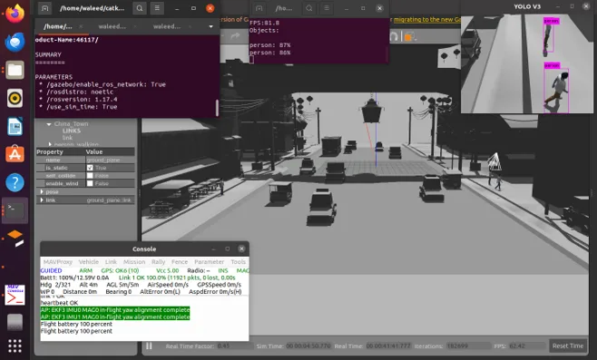 Gazebo simulation of a street scene beside a YOLO window detecting two people at 81.8 FPS